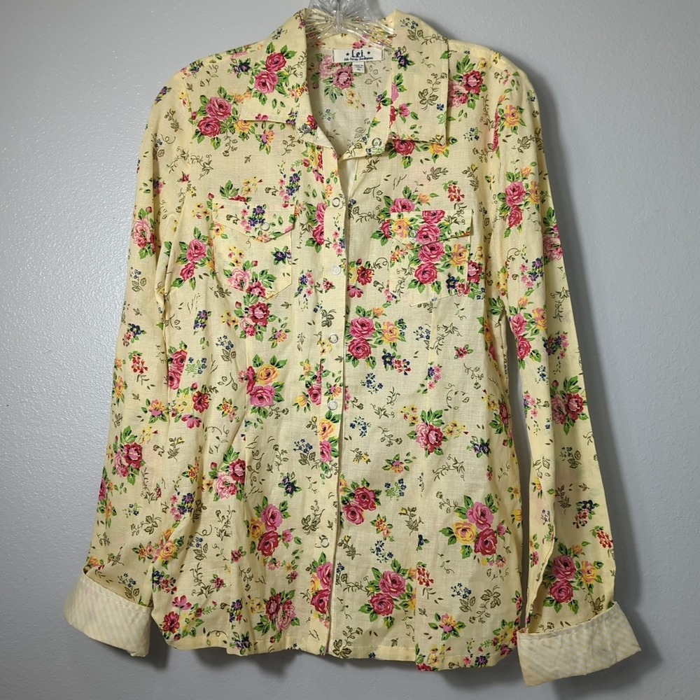 Lei Juniors XL Yellow Floral Western Shirt Long Sleeve Snap Front Cotton 119
